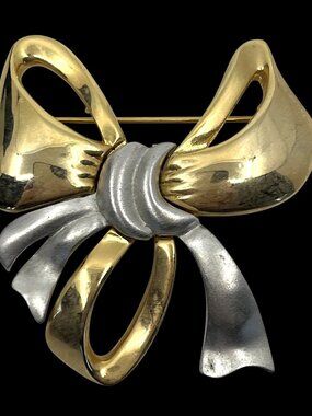 Vintage Silver and Gold Tone Brooch Pin Bow Ribbon Costume Jewelry